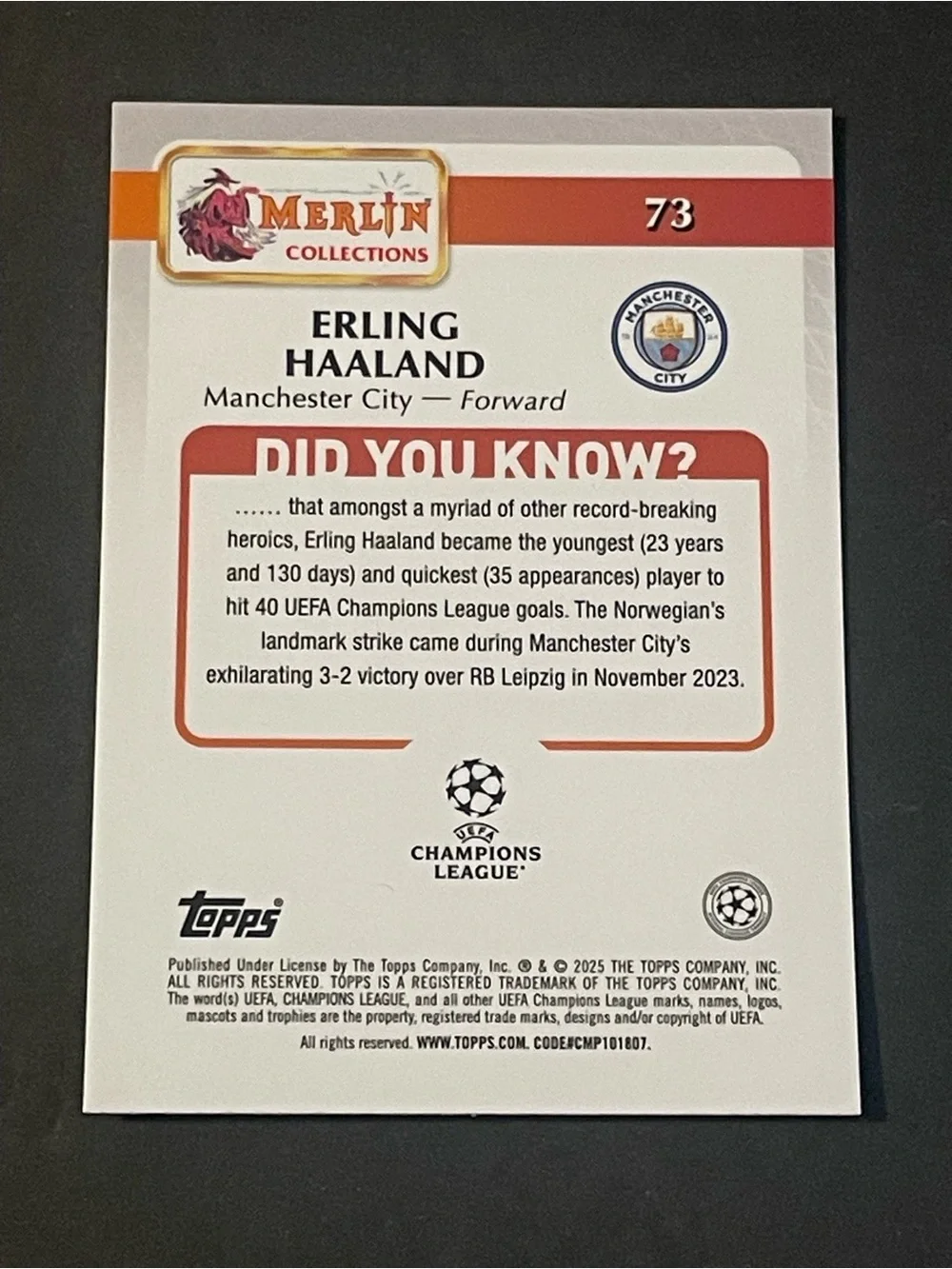 2023-24 Merlin UEFA Club Competitions #73 Erling Haaland Man City Base Card - Picture 2 of 5